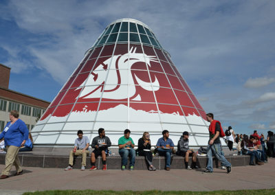 A crowd of people mingle near a large conical WSU feature at a OneSource Strategy higher education event