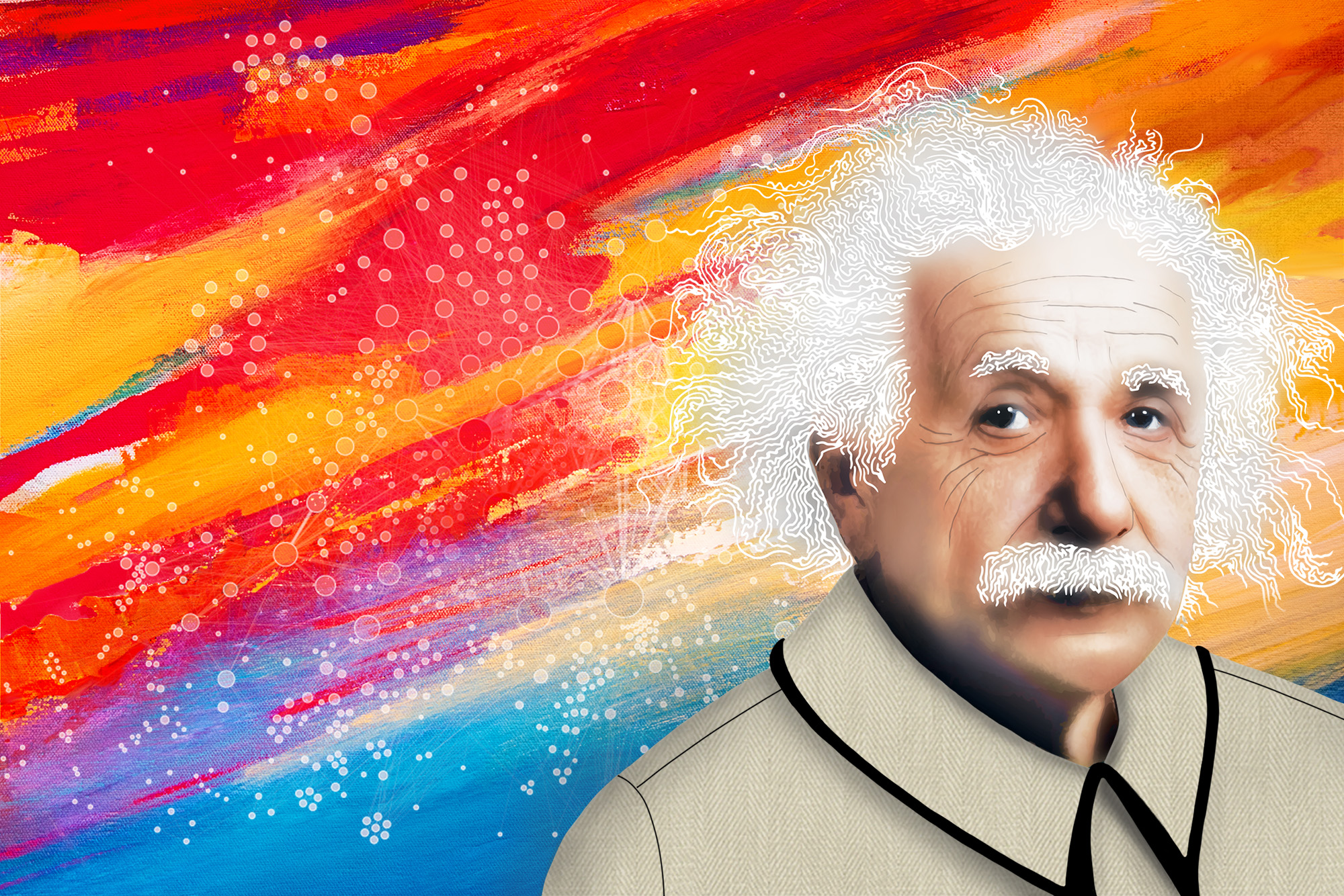 an illustration of Einstein over a paint color texture background